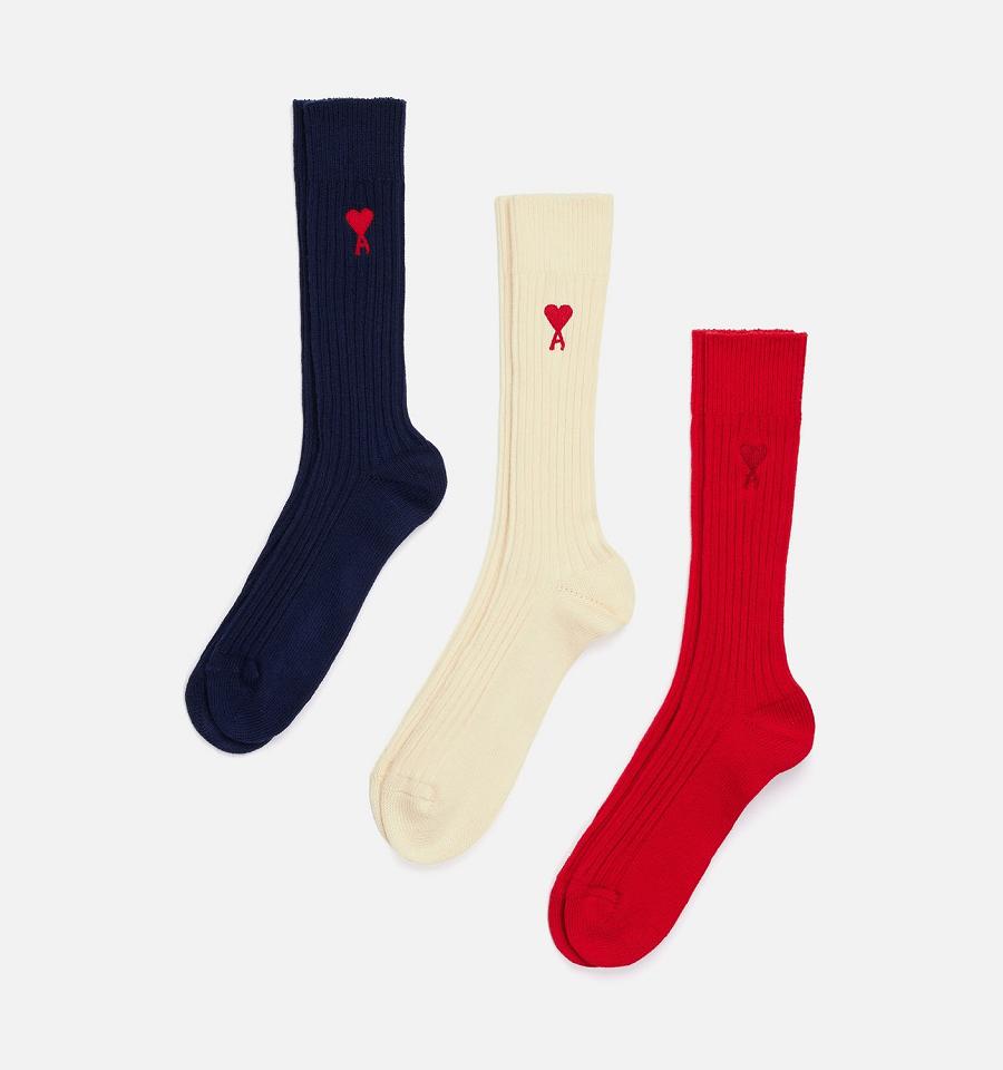 Calcetines Ami Paris Three Pack Ami de Coeur Azul Marino Beige Rojos | ami_MX159