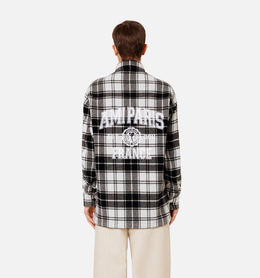 Chaquetas Ami Paris Checked Overshirt With Print Grises | ami_MX229