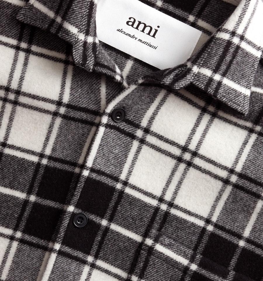 Chaquetas Ami Paris Checked Overshirt With Print Grises | ami_MX229