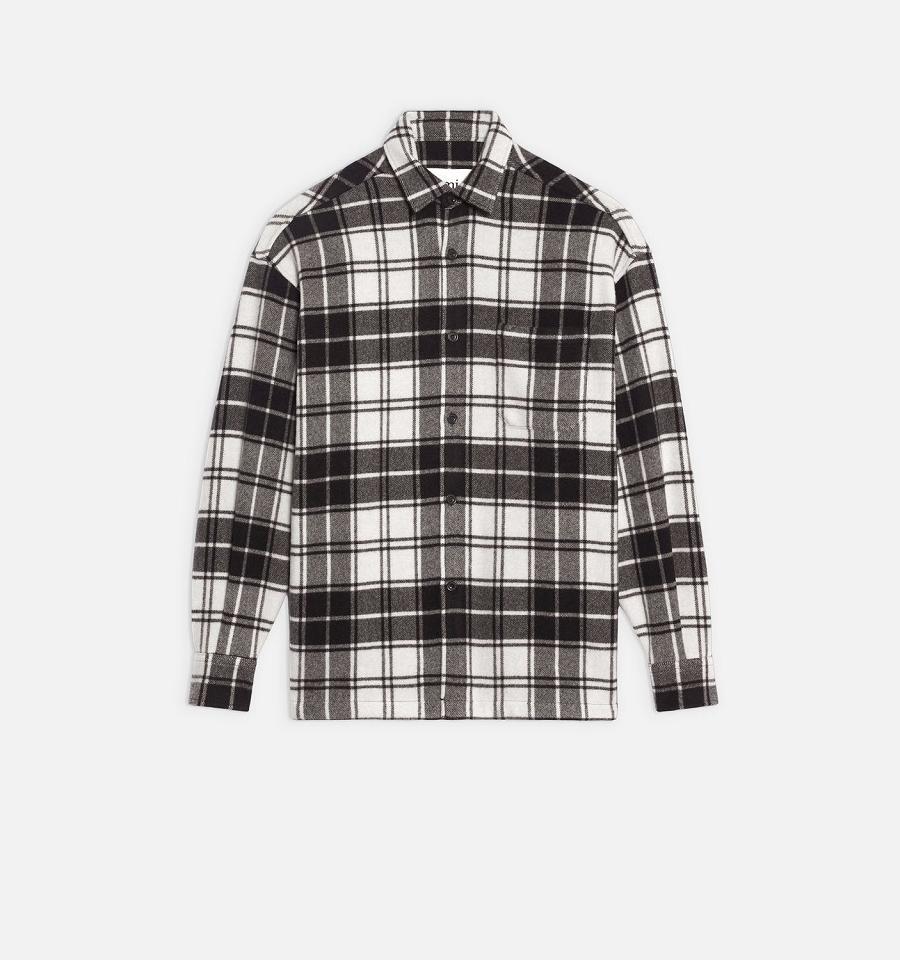 Chaquetas Ami Paris Checked Overshirt With Print Grises | ami_MX229