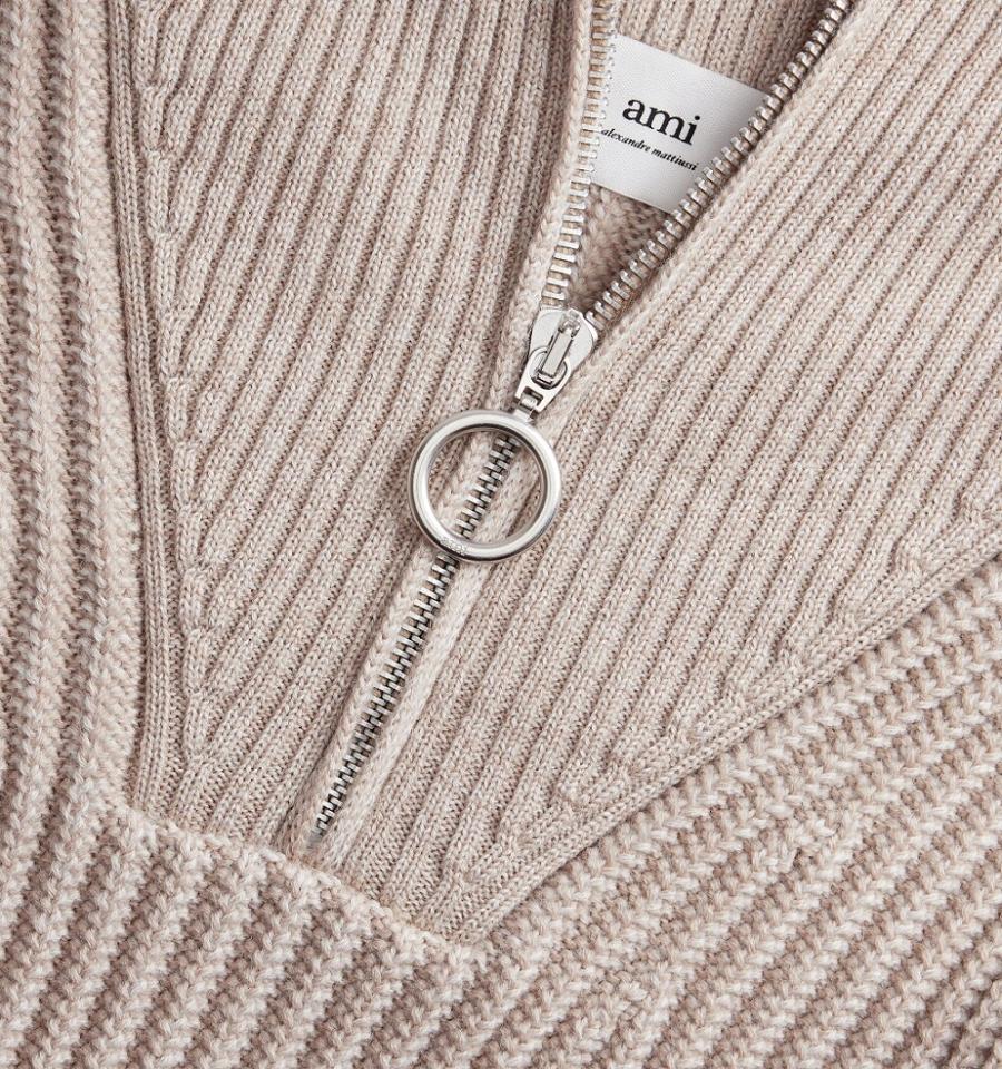 Suéteres Ami Paris Zipped Collar Acanalado Jumper Beige | ami_MX219